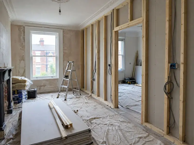 Victorian house mid-conversion with new timber stud partitions and a framed doorway