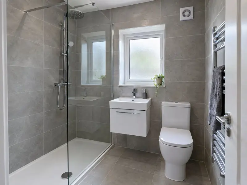 Compact en-suite shower room with walk-in shower, wall-hung basin and towel rail