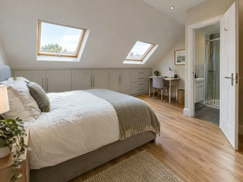 Loft bedroom with two roof windows, built-in eaves storage and an en-suite