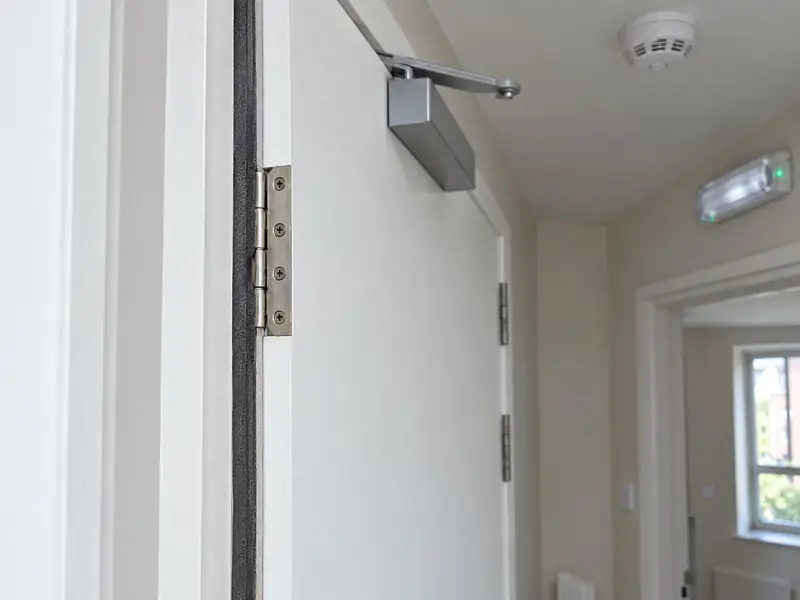 Fire door edge showing the intumescent seal, steel hinges and overhead closer
