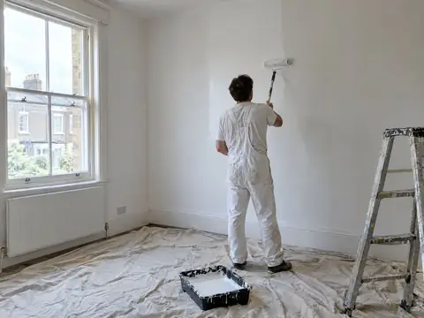 Decorator rolling white paint onto a bedroom wall between tenancies