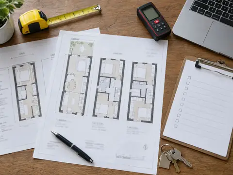 Floor plans of a terraced house with a tape measure, laser measure and checklist