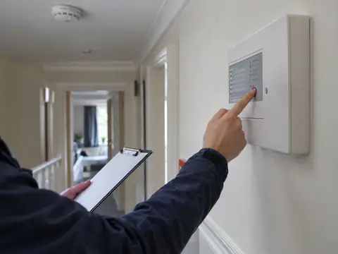 Technician testing a fire alarm control panel in a shared house hallway