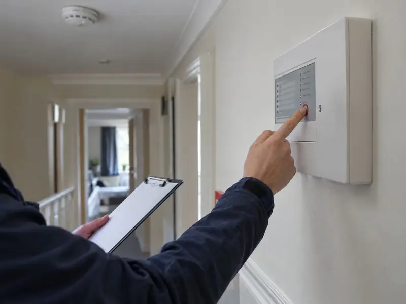 Technician testing a fire alarm control panel in a shared house hallway