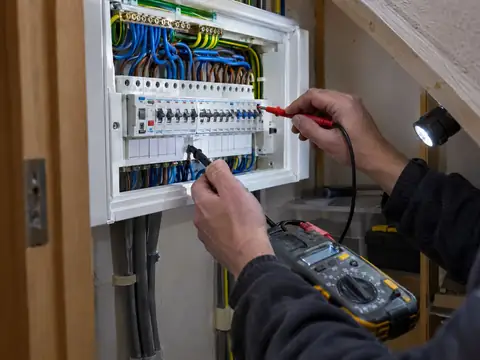 Electrician testing a consumer unit with a multifunction tester