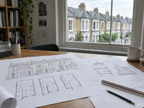 Architectural drawings of a terraced house conversion on a desk by a window