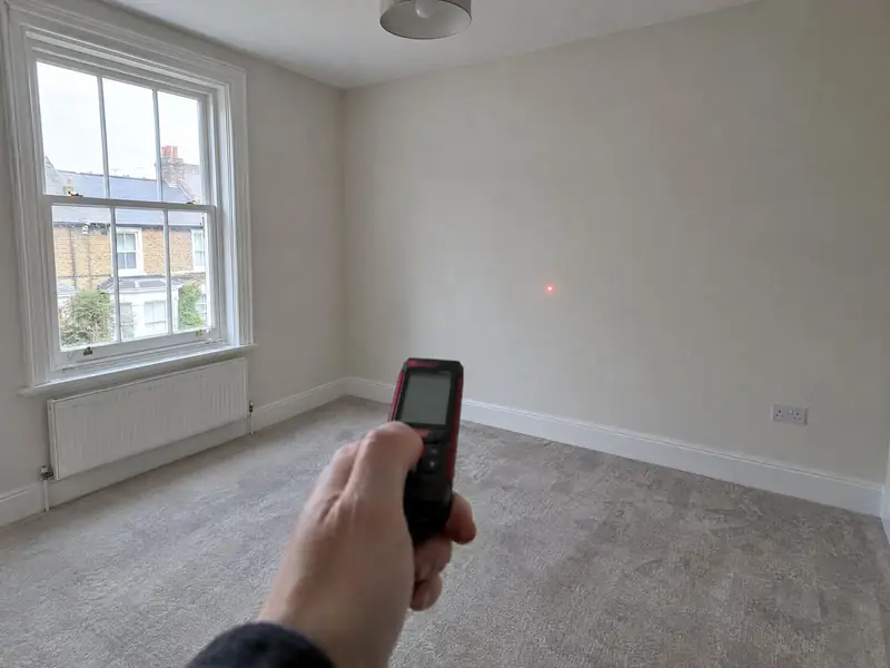 Laser distance measurer being used to measure an empty bedroom