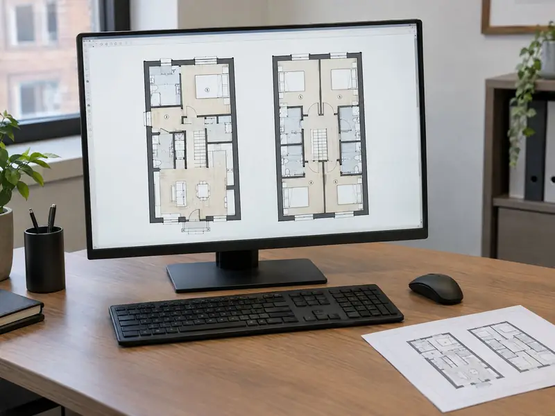 Floor plan of a house divided into numbered bedrooms with en-suites on a monitor