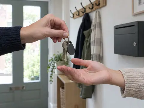 Keys being handed over in the hallway of a shared house