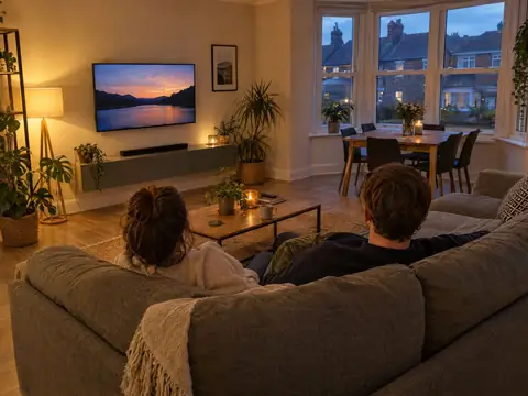 Communal lounge in a shared house with a sofa and dining table