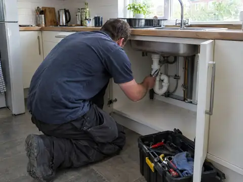 Maintenance plumber repairing pipework under a kitchen sink