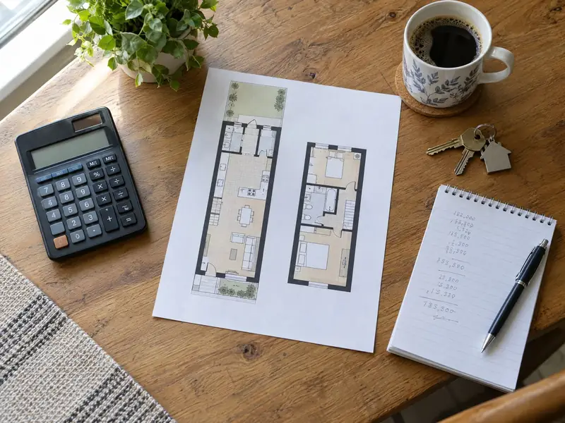 Floor plan, calculator, notes and keys laid out for a property appraisal